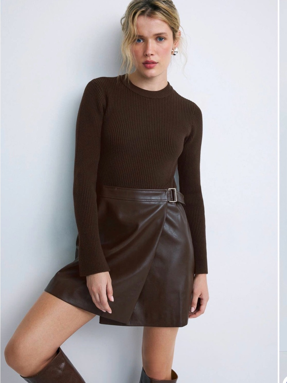 10 Crosby Derek Lam Brown Faux Leather Wrap Mini Skirt with Side Buckle